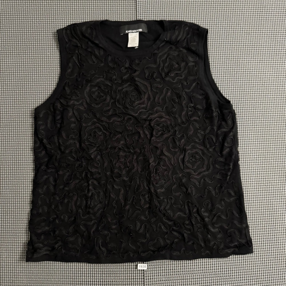 Jones New York Womens Black Sleeveless Floral Textured Knit Shell Top Size L